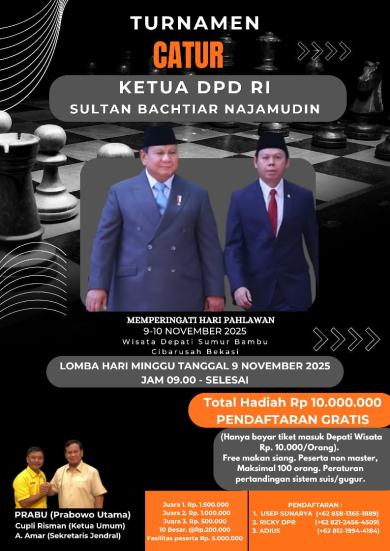 Ikuti Turnamen Catur Kejuaraan Ketua DPD-RI Sultan Bachtiar Najamudin, Hadiah Total 10Jt